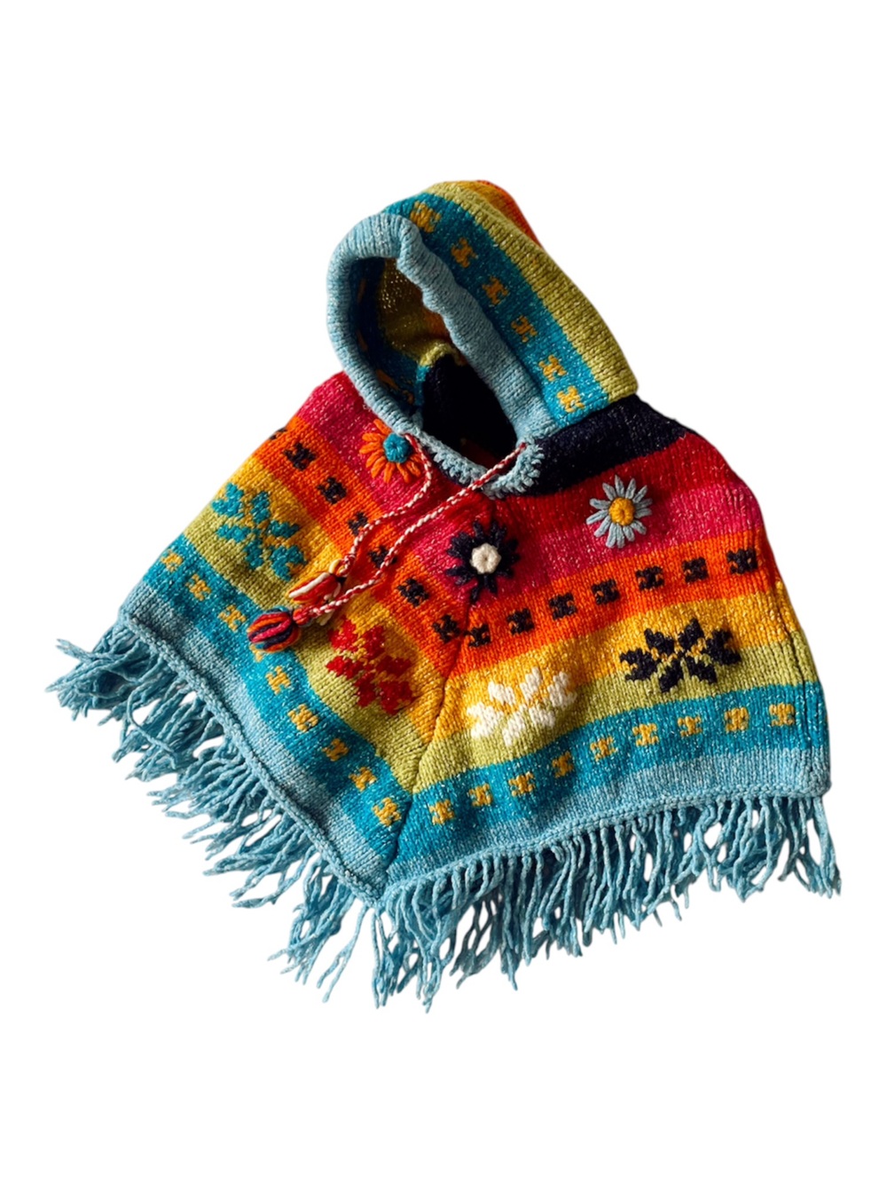 HANDMADE Poncho Sweater Hand Knit Rainbow Floral Andean Peru Jacket Coat Hoodie